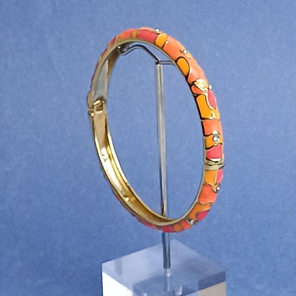 Abstract Cow Pattern Rhinestone Multi Orange Enamel Hinge Bangle Skinny Bracele… - Picture 4 of 5